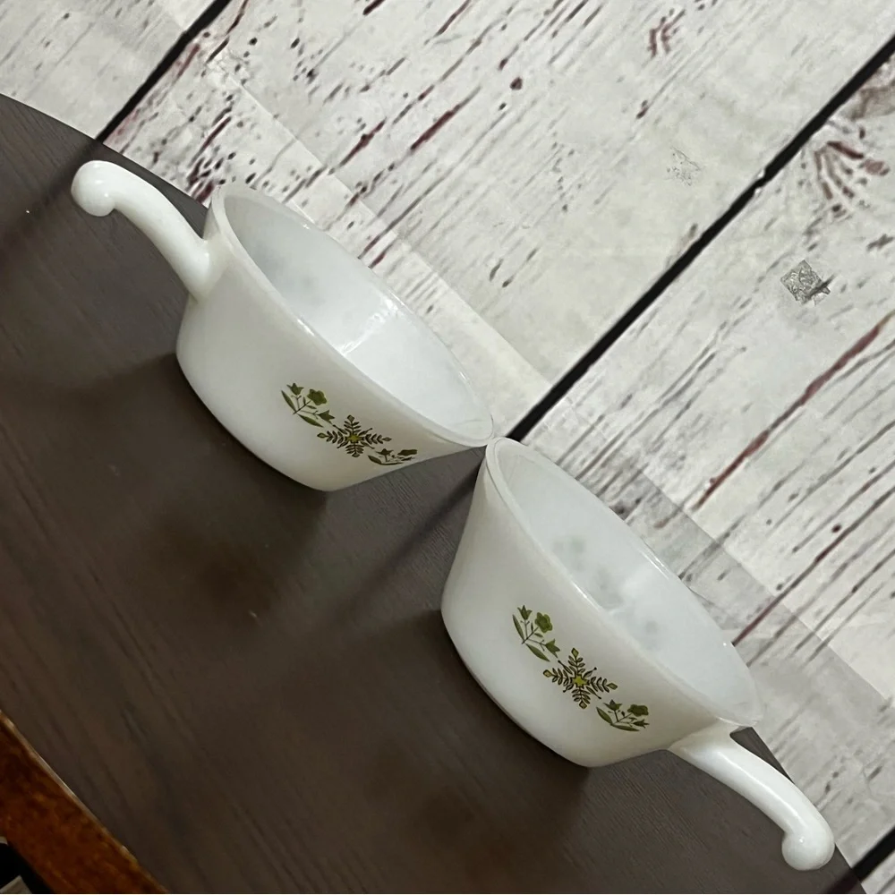 ANCHOR HOCKING Fire King ware Vintage White Soup Bowls with Green Floral Design - Picture 2 of 14